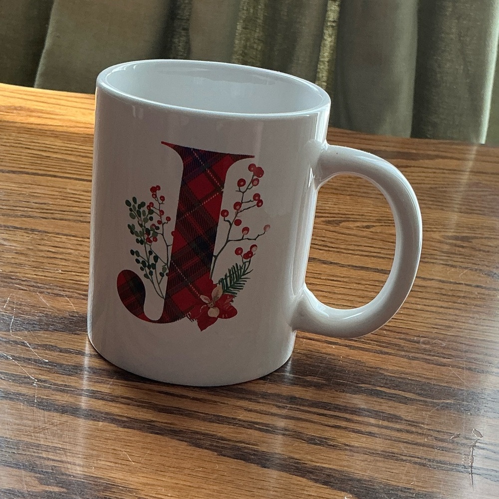 Festive White Mug with Red Plaid Initial